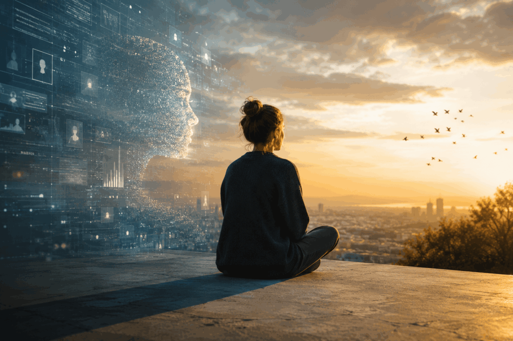 Frau blickt zwischen digitaler KI-Welt und Sonnenuntergang auf eine Stadt – Symbol für KI, Zukunft der Arbeit und menschlichen Wert. (KI-generiertes Bild)